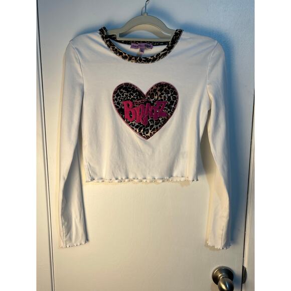 Dolls Kill x Bratz Shirt Medium White Cropped Leopard Heart Skater - Picture 1 of 7